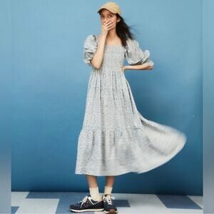 Madewell Lucie Smocked Elbow-Sleeve Midi Dress in Sunflower Blue size S